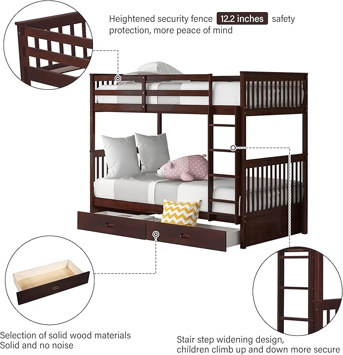Merax Wood Bunk Bed with Drawers, Convertible Wood Bunk Bed with Ladders and - Image 3