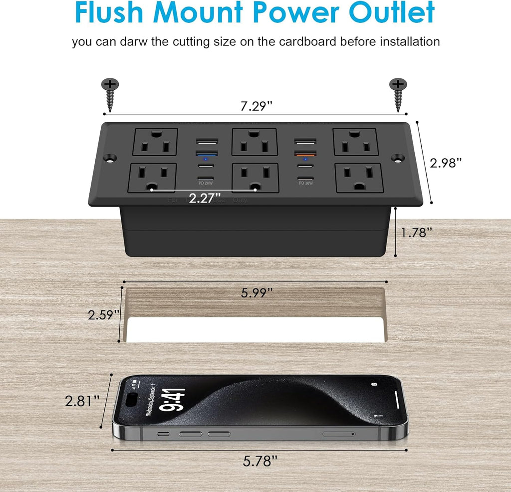 Flush mount power outlet dimensions — 6 FT cord model (cutout guide)