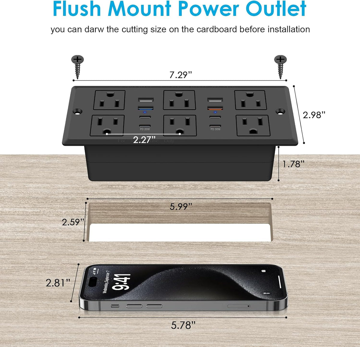 Flush mount power outlet dimensions — 6 FT cord model (cutout guide)