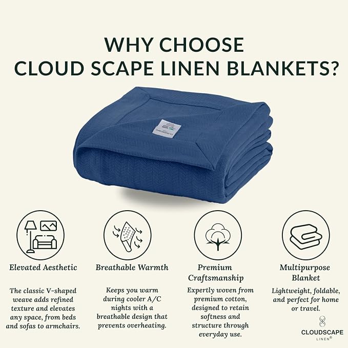 Cloud Scape Linen 100% Cotton Throw Blanket 50x70 Ensign Blue, Luxury - Image 4