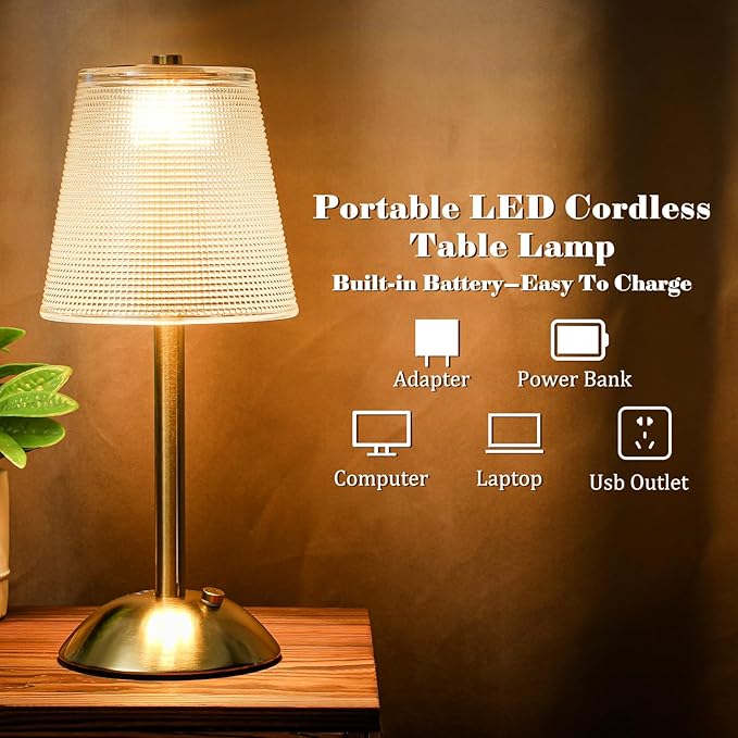 Liliful 2 Pcs Cordless Table Lamp Rechargeable Touch LED Small Gold Portable - Image 3