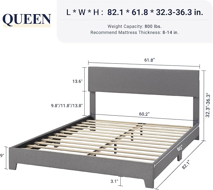 Allewie Queen Bed Frame with Upholstered Adjustable Headboard, Platform Bed - Image 2