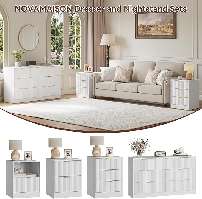 7 Drawer Dresser & Nightstand Set, 3-Piece White Fluted Dresser and Night Stand - Image 3