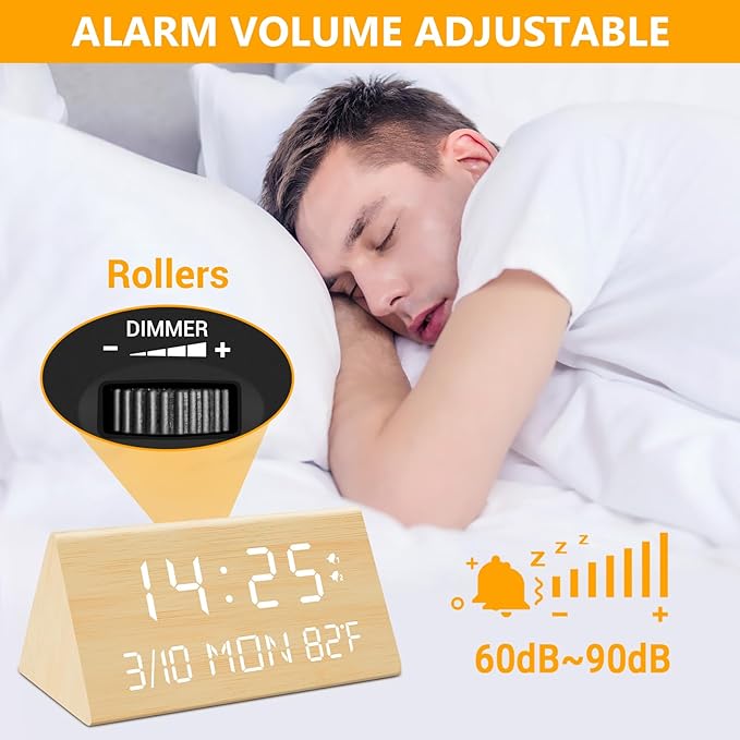 Kogonee Wooden Digital Alarm Clock, 0-100% Dimmer, 2 Alarm Settings, - Image 5