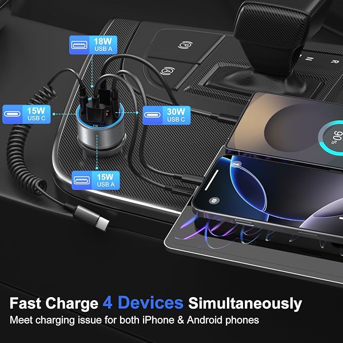 Car Charger USB C, 65W Multi Port Dual 12V USB C Car Charger Adapter - Image 4
