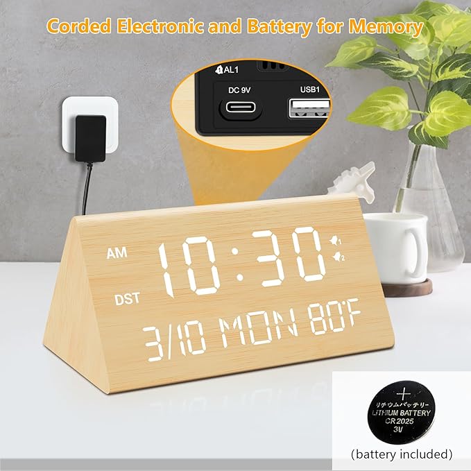 Kogonee Wooden Digital Alarm Clock, 0-100% Dimmer, 2 Alarm Settings, - Image 2