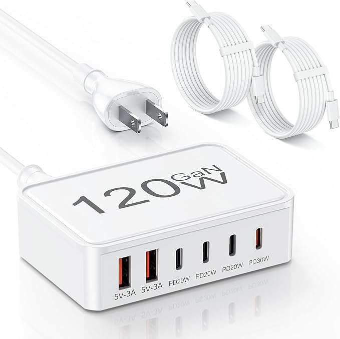 USB C Charger Block, 120W GaN 6 Port Type C Fast Charging Station Hub, 5FT Cord by Topabol