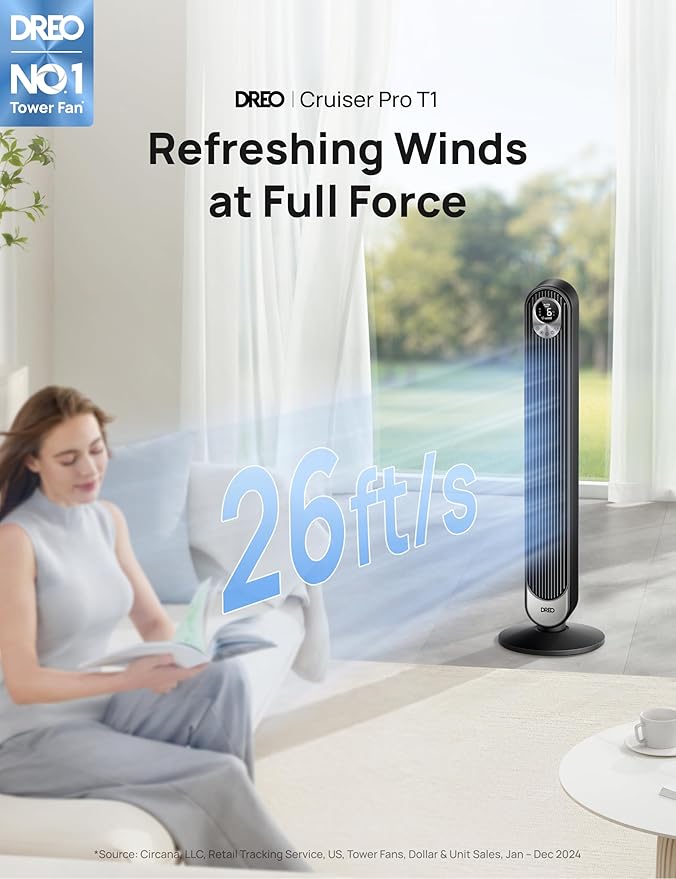 Dreo Tower Fan for Bedroom, 90° Oscillating Standing Fan, 30ft far, 28dB Quiet - Image 2