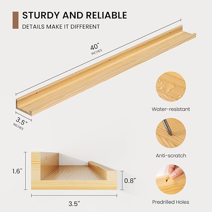 Picture Ledge Shelf, Solid Pine Wood Floating Shelves Set of 2, 40 Inches - Image 3