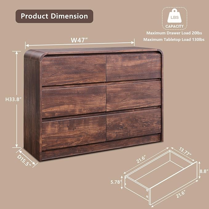 Modern 6 Drawers Dresser for Bedroom, Mid Century Modern Dresser w/Natural - Image 2