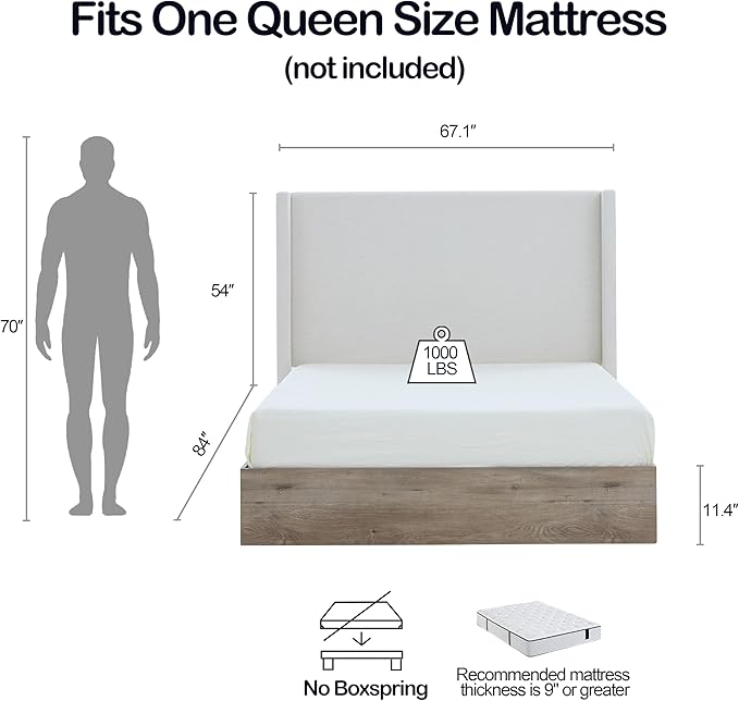 Queen Size Upholstered Bed Frame, Wood Base Platform Beds, No Box Spring Needed - Image 2