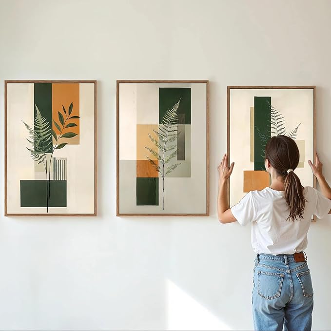 Yeehomedec Sage Green Fern Leaf Framed Canvas Wall Art, Boho Abstract Wall Decor - Image 2