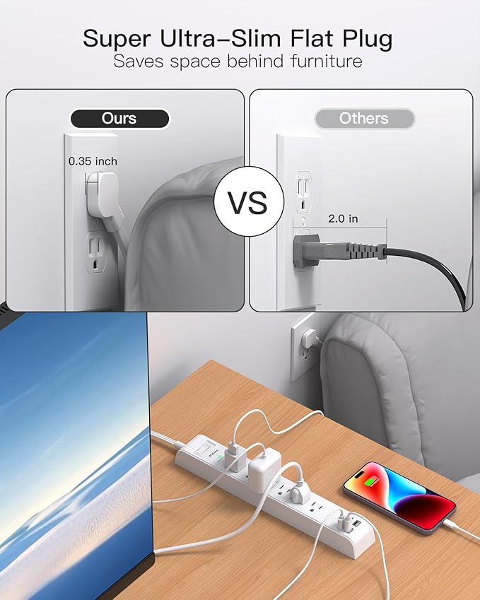 2 Pack Power Strip, 12FT Long Extension Cord, Surge Protector - Image 4