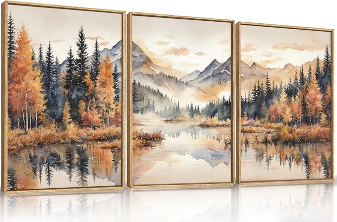LHIUEM Large Neutral Mountain Framed Canvas Wall Art, Nature Foggy Forest Wall by LHIUEM