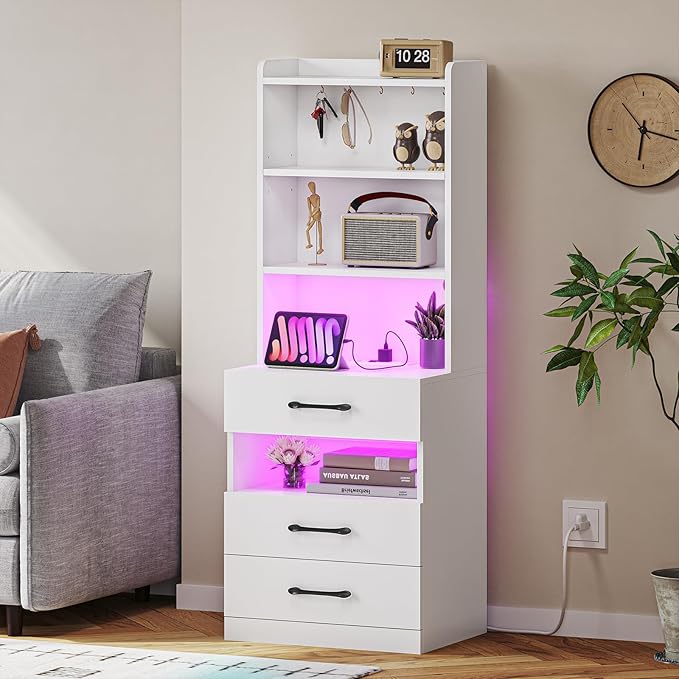 VIAGDO Tall Nightstand with Charging Station and LED Lights, Large White Night - Image 9