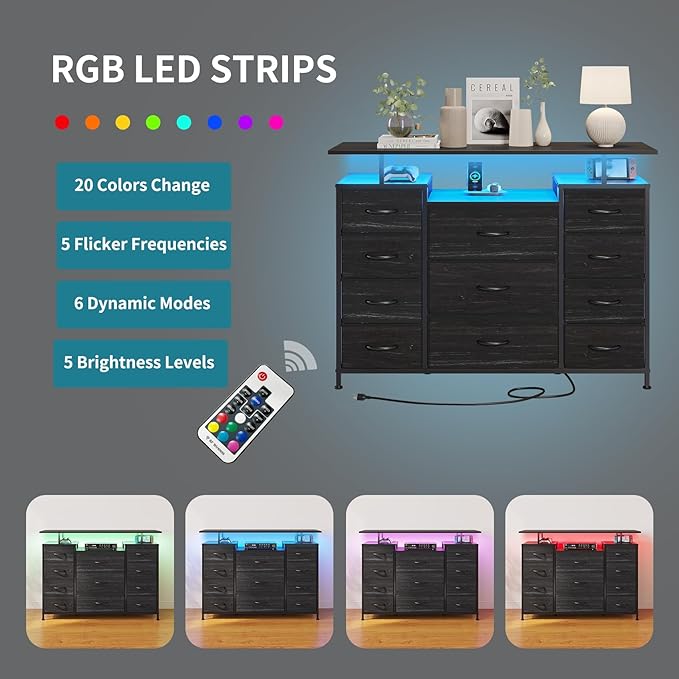 LUMTOK 11 Drawers Dresser with Fabric Drawers, Charging Station, LED Lights and - Image 5