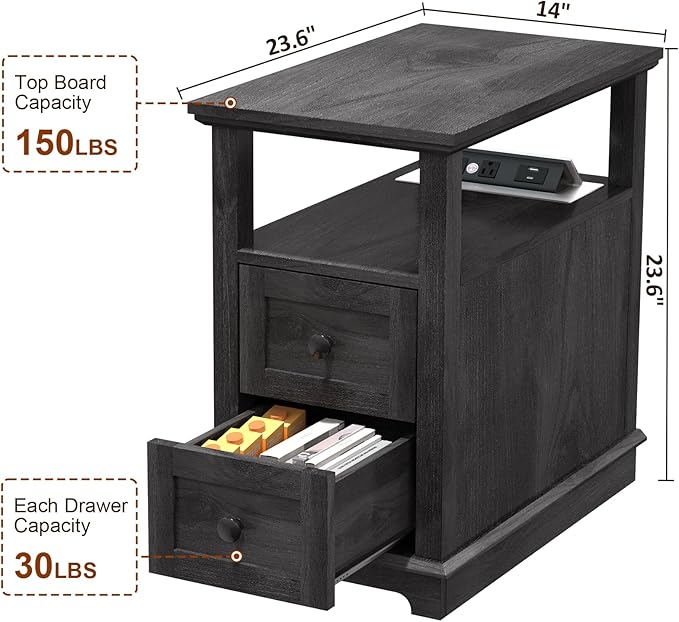 HIFYOBRO Narrow End Table with Flip Top Charging Station Set of 2, Side Table - Image 3