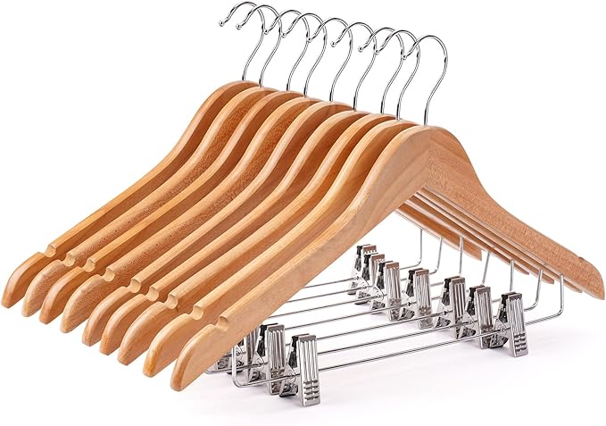 Wooden Hangers with Clips 24 PCS Pants Hangers with Clips, Smooth Solid Wooden by Uinicor
