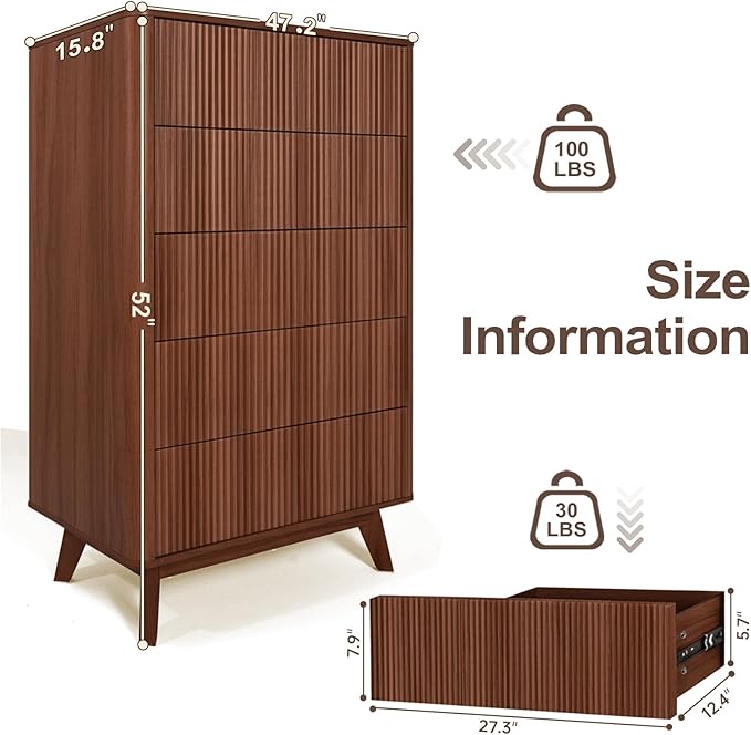 Fluted 5 Drawers Dresser for Bedroom, Curved Profile Design, Wood Drawer - Image 2