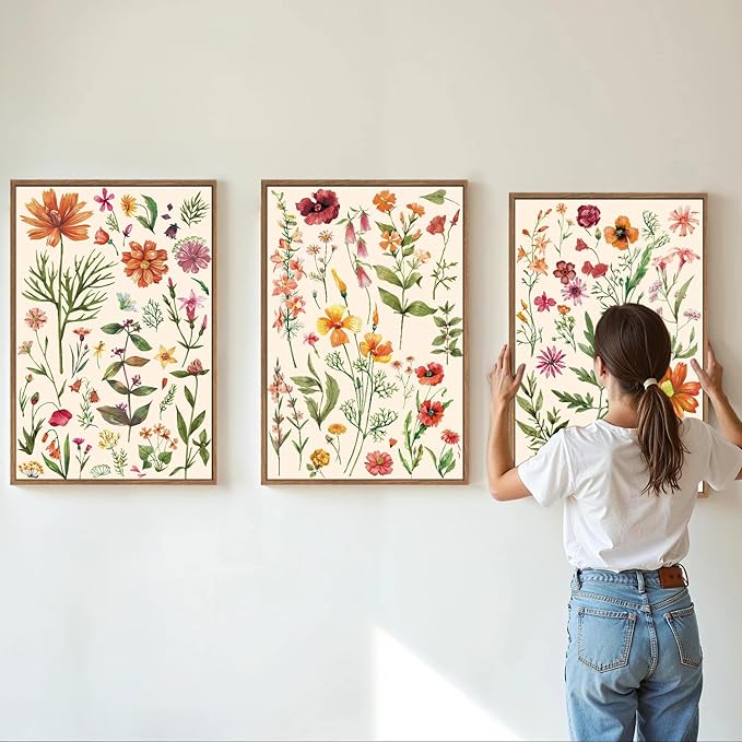 YeeHomedec Boho Wildflower Framed Canvas Wall Art, Colorful Vintage Floral Wall - Image 2