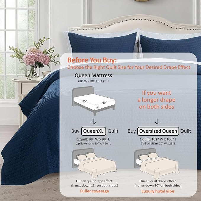 KASENTEX Queen XL Quilt Set 98"x98" – Soft Washed 3-Layer Lightweight Bedspread - Image 3