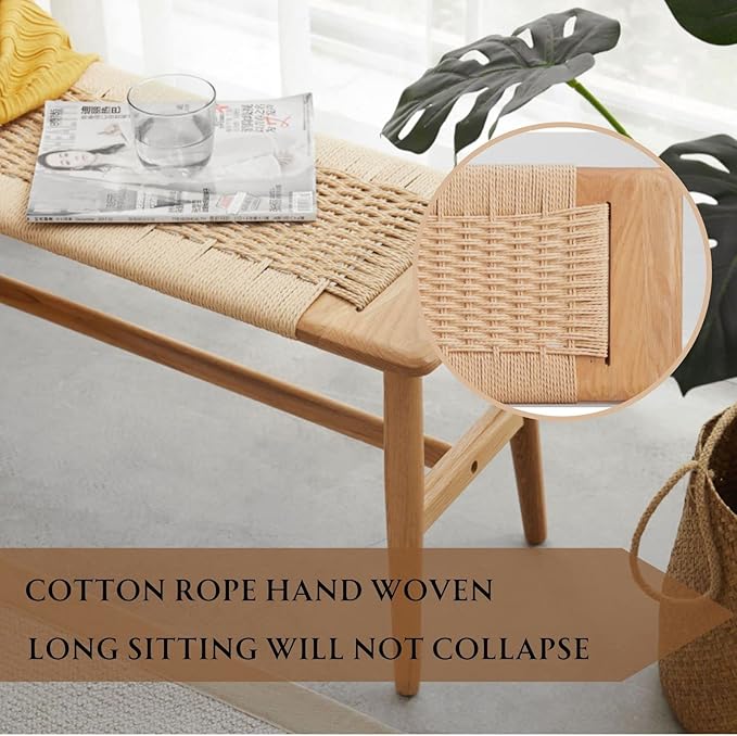 31.5'' Woven Dining Beach with 100% Solid Oak Wood Bench Frame, Hand Knitted - Image 4