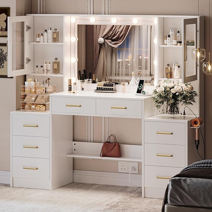 58.3”Vanity Desk with Mirror and Charging Station, Bedroom Dressing Table by TOKSOM