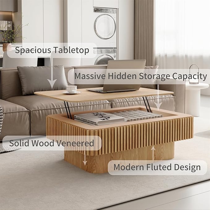 LKTART Lift Top Coffee Table for Living Room, Accent Fluted Coffee Table - Image 5