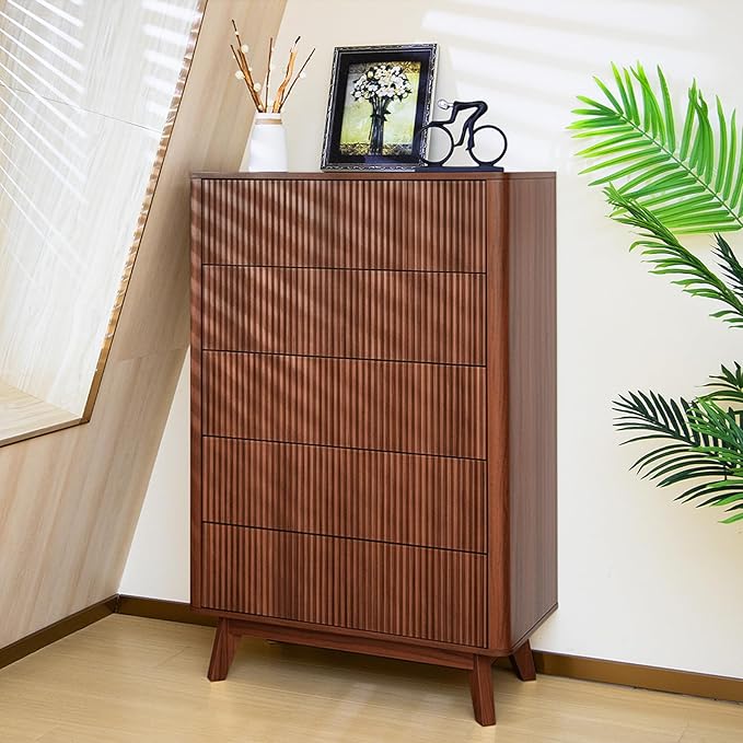 Fluted 5 Drawers Dresser for Bedroom, Curved Profile Design, Wood Drawer by Airynee