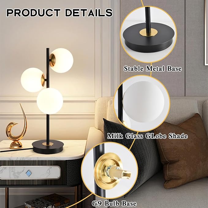 3-Light Black and Gold Table Lamp, Milk White Glass Globe Table Lamp - Image 4
