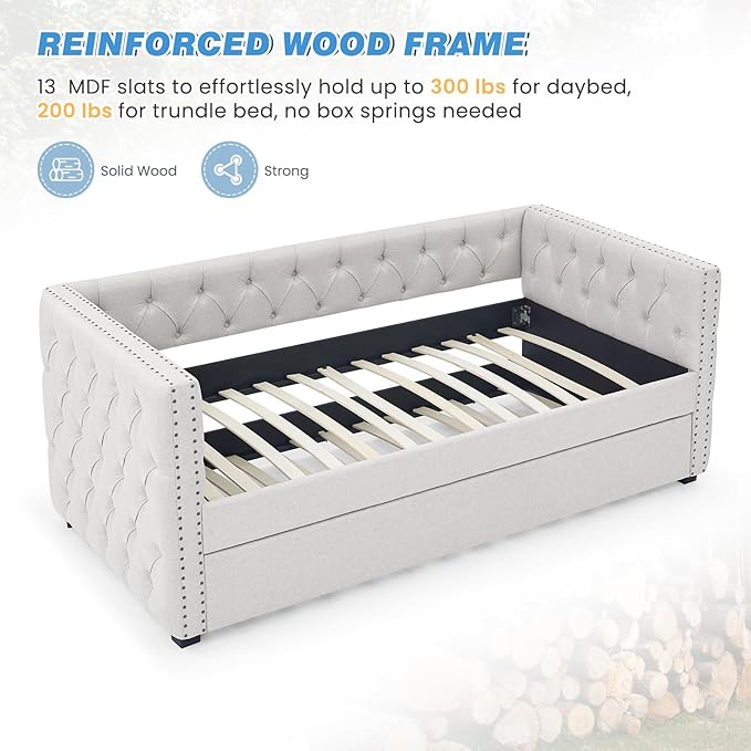 Antetek Daybed with Trundle, Upgraded Linen Upholstered Twin Size Day Bed - Image 6