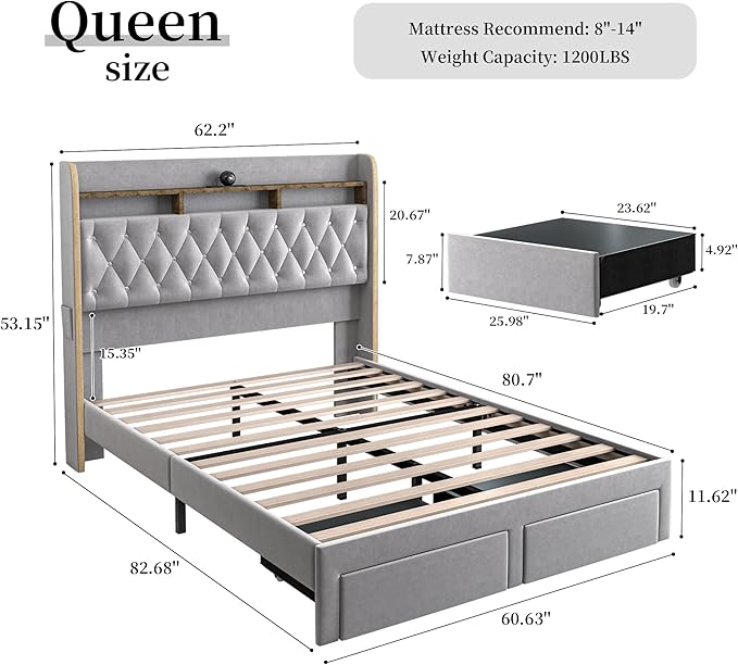 Queen LED Bed Frame with Storage Drawers, Velvet Upholstered Platform Beds with - Image 2