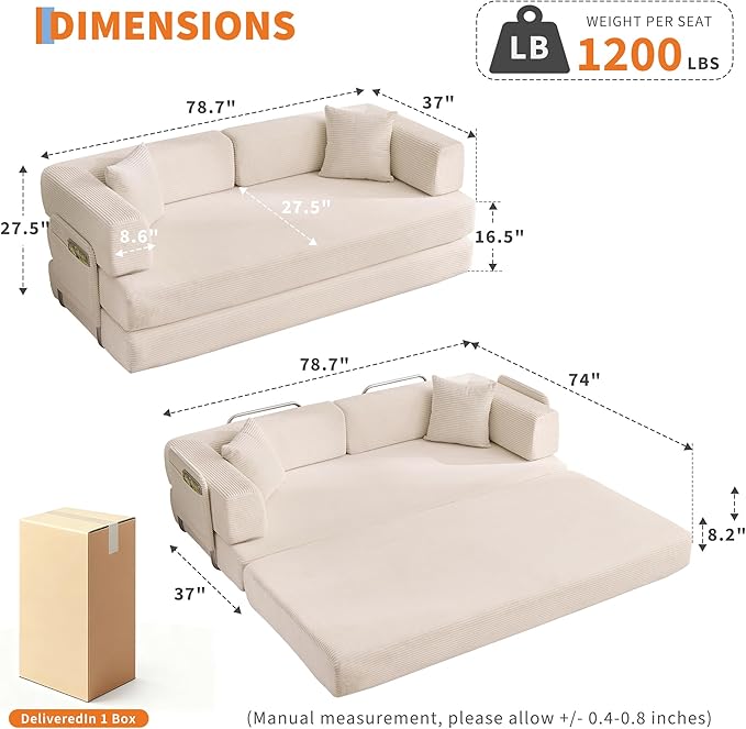 Garvee 5-in-1 Convertible Sofa Bed, 78.8" Modular Corduroy Sleeper - Image 2