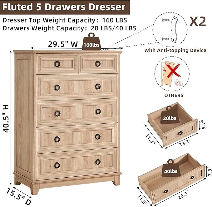 Farmhouse 6 Drawer Dresser for Bedroom, Rustic Wood Dresser - Image 2