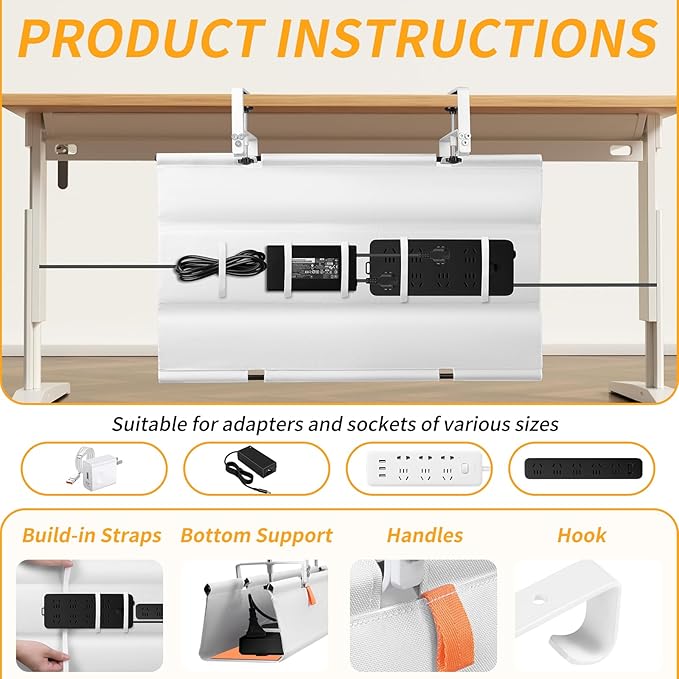 No Drill Under Desk Cable Management Tray, Fabric Cable Management - Image 5
