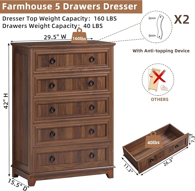 Farmhouse 5 Drawer Dresser for Bedroom, Rustic Wood Dresser - Image 2