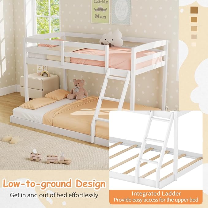 KOMFOTT Low Bunk Bed Twin Over Full, Solid Wood Twin Bed Frame - Image 7