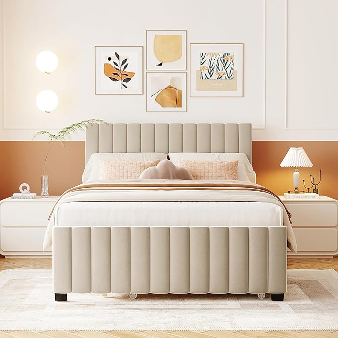 Full Bed Frame with Trundle Bed, Velvet Upholstered Platform Bed Frame - Image 3
