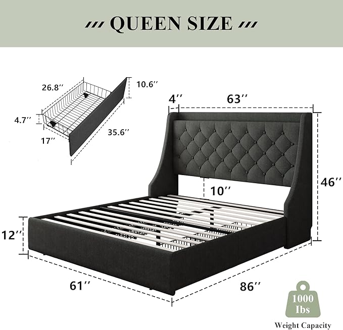 Feonase Queen Bed Frame with 4 Storage Drawers, Upholstered Storage Bed with - Image 7