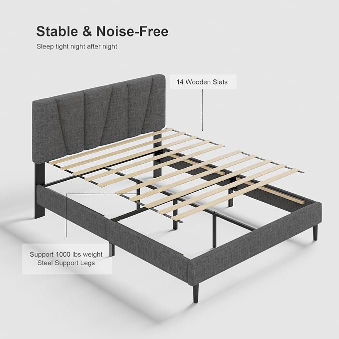 Full Size Bed Frame with Fabric Upholstered Headboard, Platform Bed with Wooden - Image 4