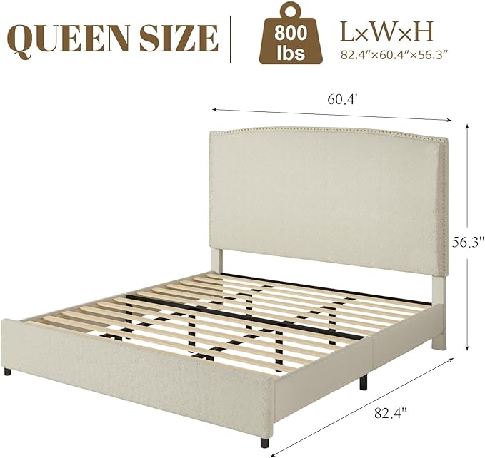 Queen Size Bed Frame with Headboard, Soft Boucle Fabric, No Box Spring Needed - Image 2