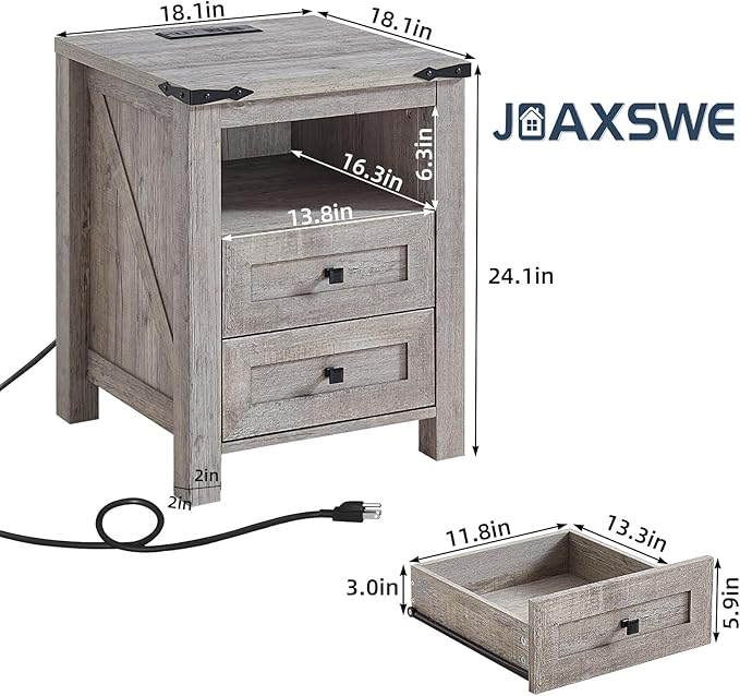 Joaxswe Nightstand with Charging Station and USB Port, Farmhouse Night Stand - Image 2