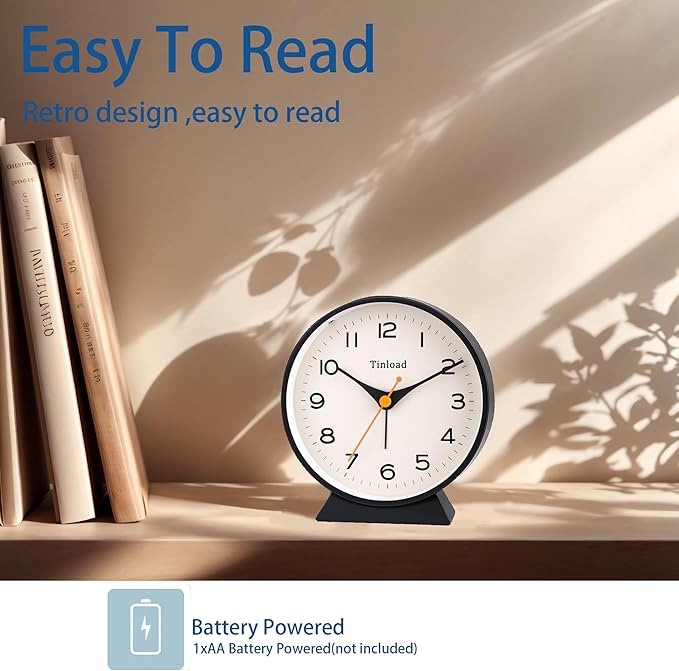 4.5" Battery Operated Retro Analog Alarm Clock, Small Silent Bedside Desk Clock - Image 3