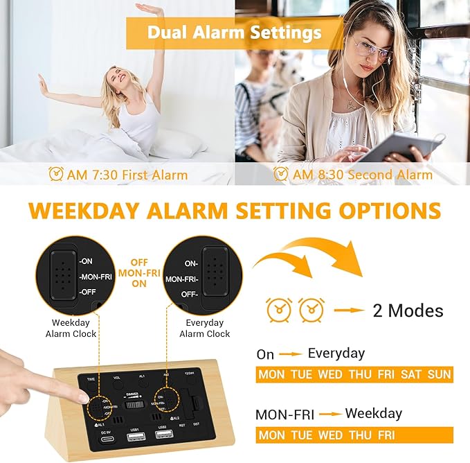 Kogonee Wooden Digital Alarm Clock, 0-100% Dimmer, 2 Alarm Settings, - Image 4