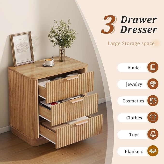 LYNCOHOME Fluted Night Stand Set of 2, Large 3 Drawer Nightand, Wood Bedside - Image 3