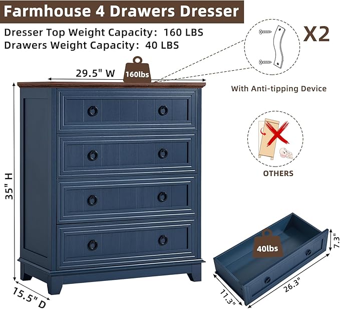 Farmhouse 4 Drawer Dresser for Bedroom, Rustic Wood Dresser - Image 2