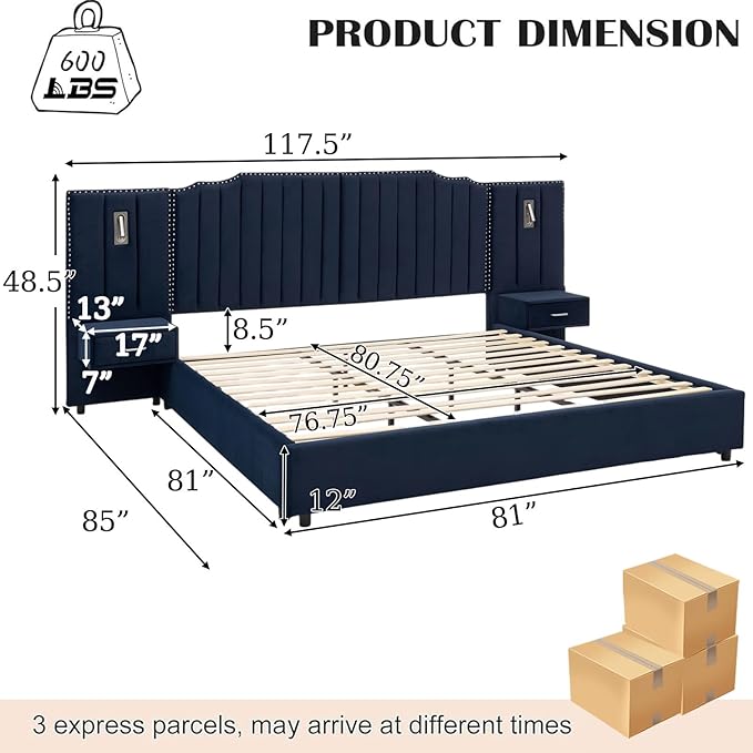 King Size Bed Frame with Storage, Luxury King Platform Bed Frame with Headboard - Image 2