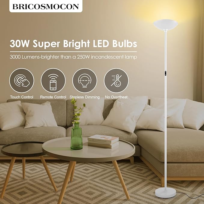 Stepless Dimmable Floor Lamp, 30W 3000LM Super Bright LED Torchiere Floor Lamps - Image 2