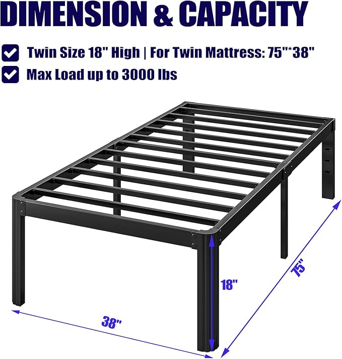 Hunlostten 18in Heavy Duty Twin Bed Frame No Box Spring Needed, Metal Platform - Image 3