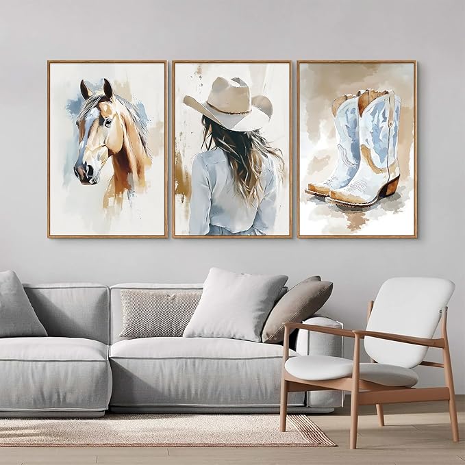 YeeHomedec Large Western Cowgirl Posters Framed Canvas Wall Art Set, Glam Rodeo - Image 3